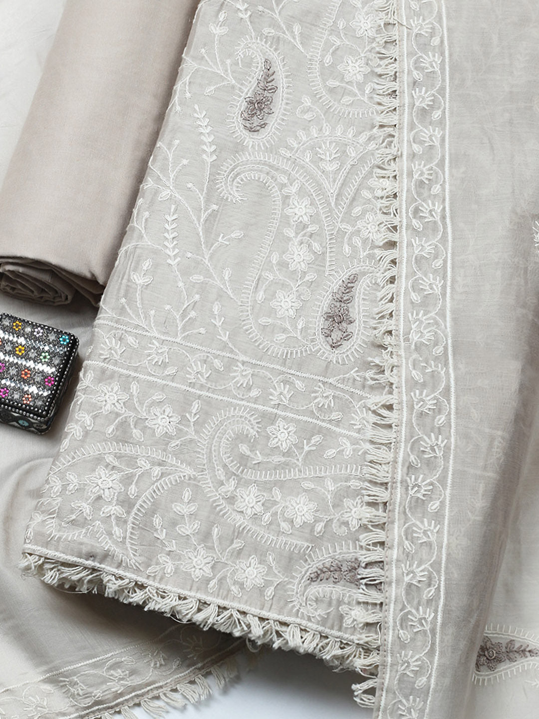 Embroidered Cotton Blend Unstitched Suit With Pant &amp; Dupatta