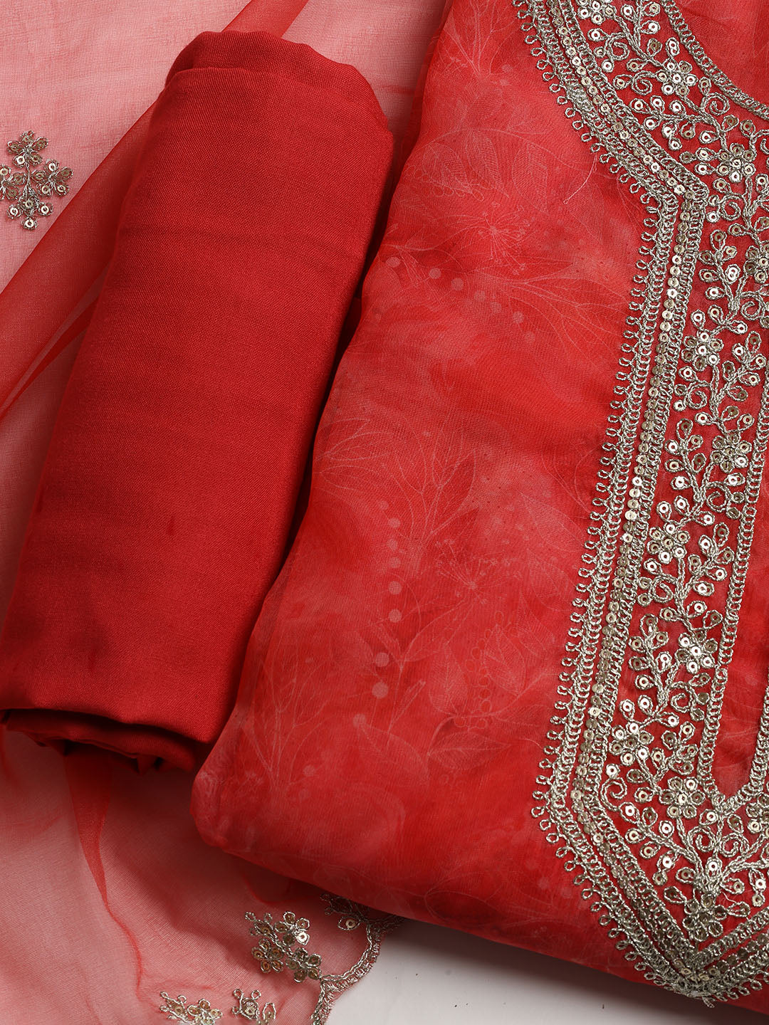 Neck Embroidered Organza Unstitched Suit With Dupatta