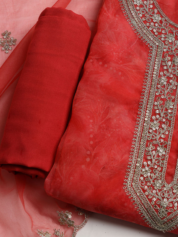 Neck Embroidered Organza Unstitched Suit With Dupatta
