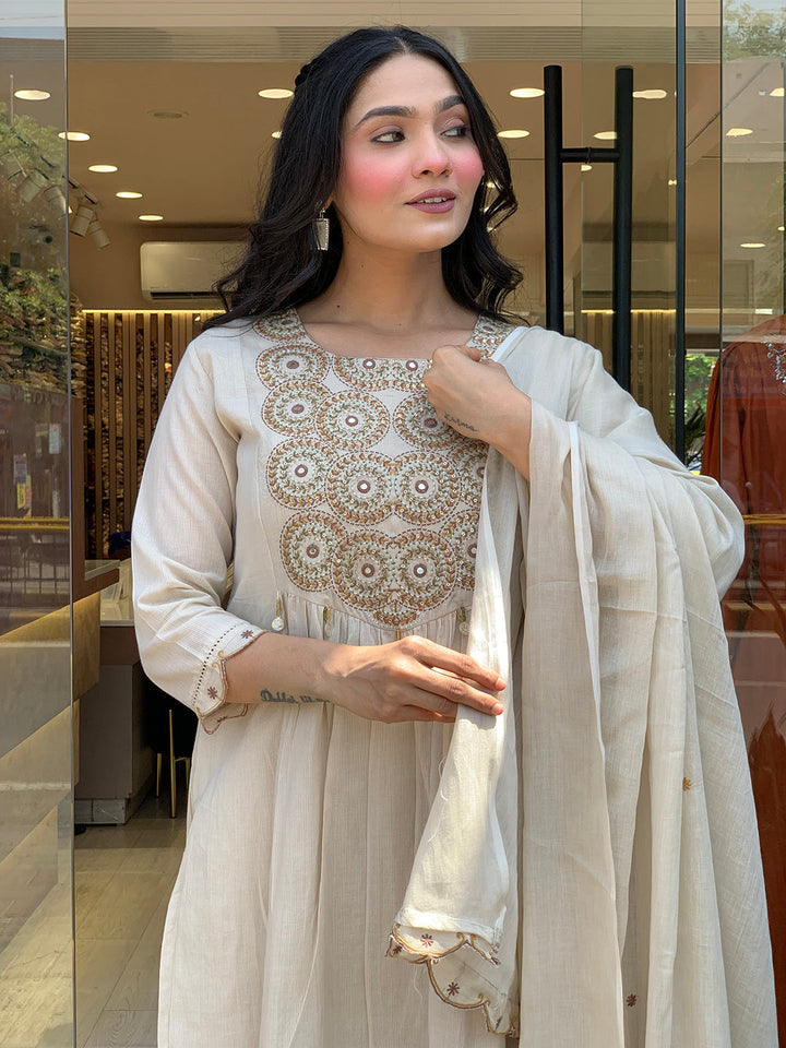 Neck Embroidered Muslin Kurta With Pants &amp; Dupatta
