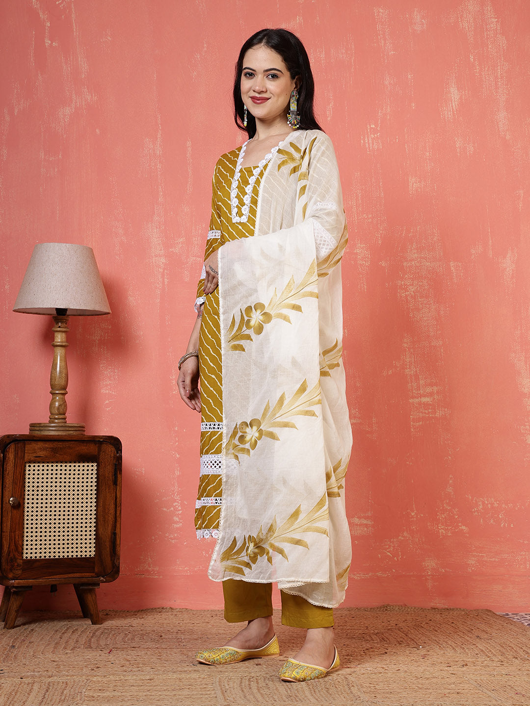 Printed Cotton Blend Kurta With Pants &amp; Dupatta