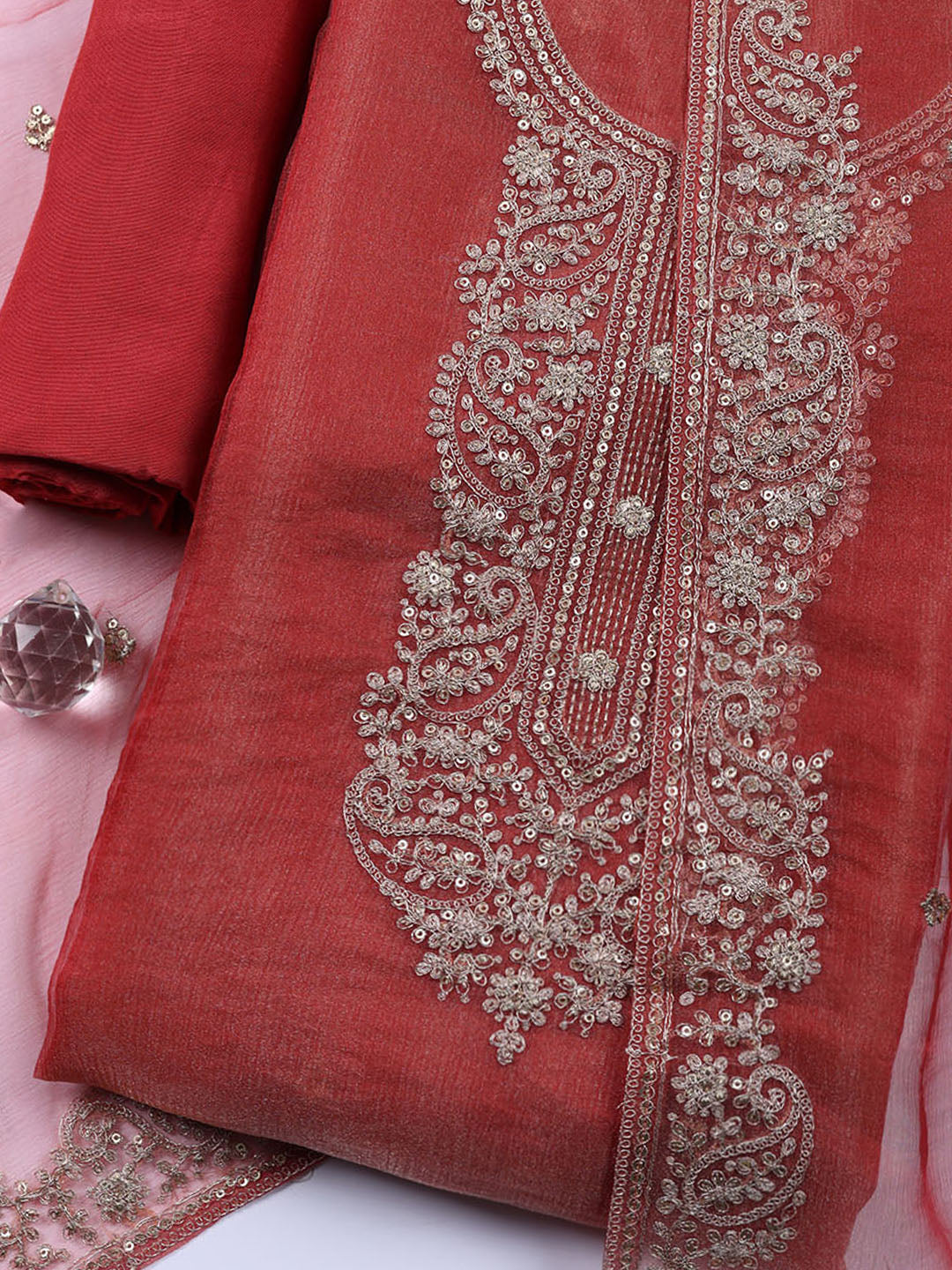 Embroidered Tissue Unstitched Suit With Pant &amp; Dupatta