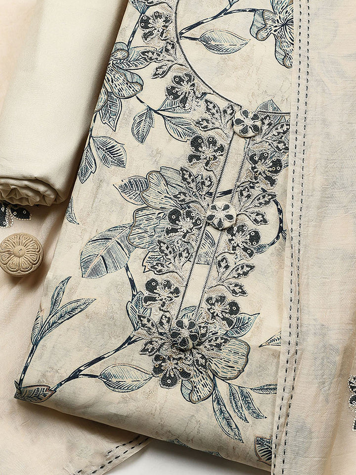 Embroidered Cotton Blend Unstitched Suit With Pant &amp; Dupatta