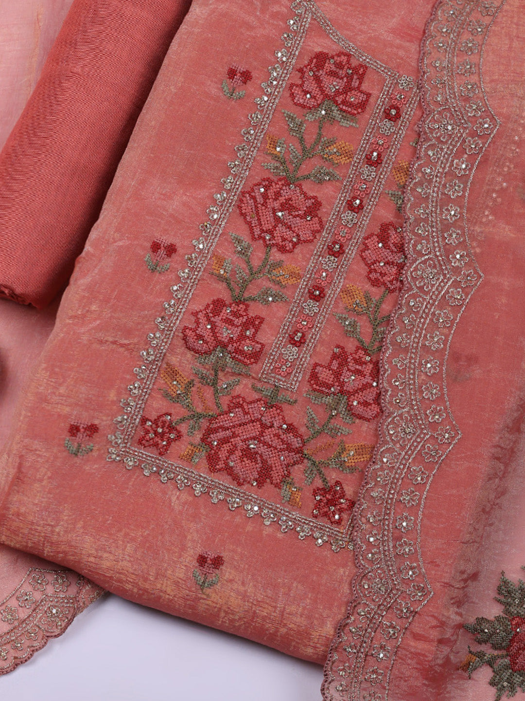 Embroidered Tissue Unstitched Suit With Pant &amp; Dupatta