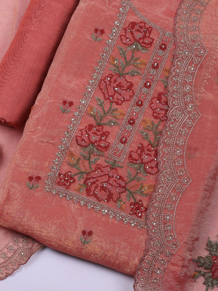Embroidered Tissue Unstitched Suit With Pant &amp; Dupatta