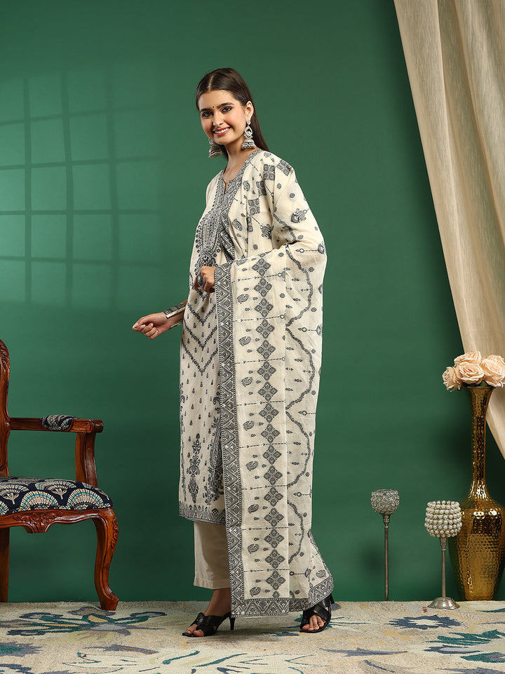 Printed Cotton Blend Kurta With Pant &amp; Dupatta