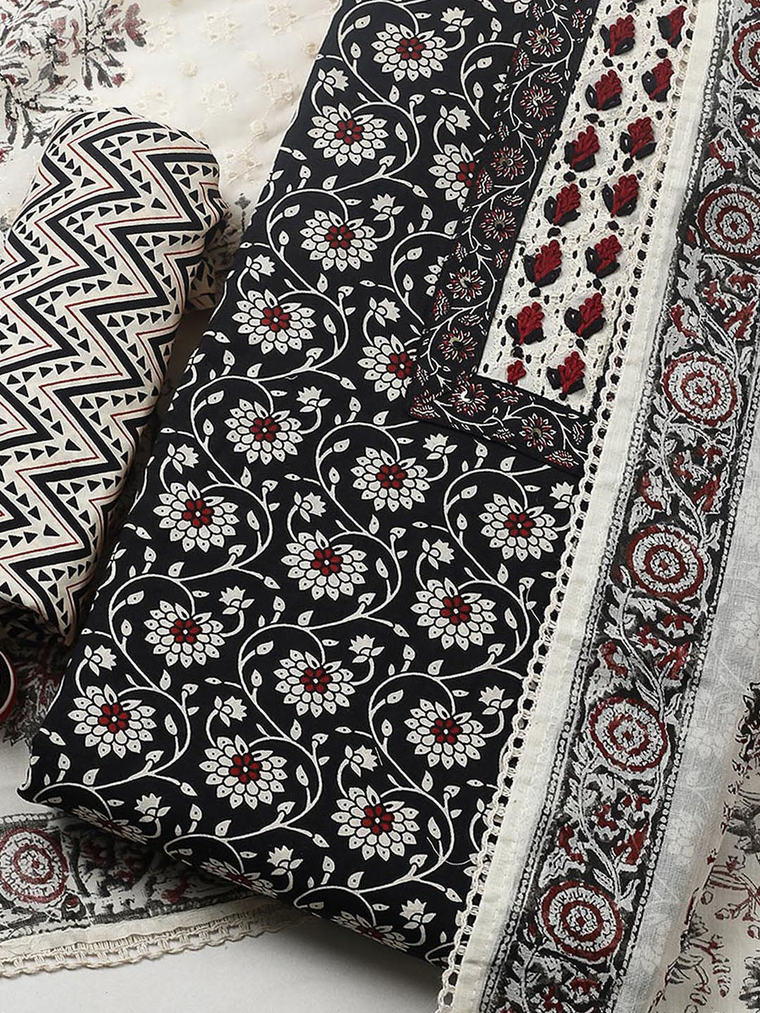 Embroidered Cotton Blend Unstitched Suit With Pant &amp; Dupatta