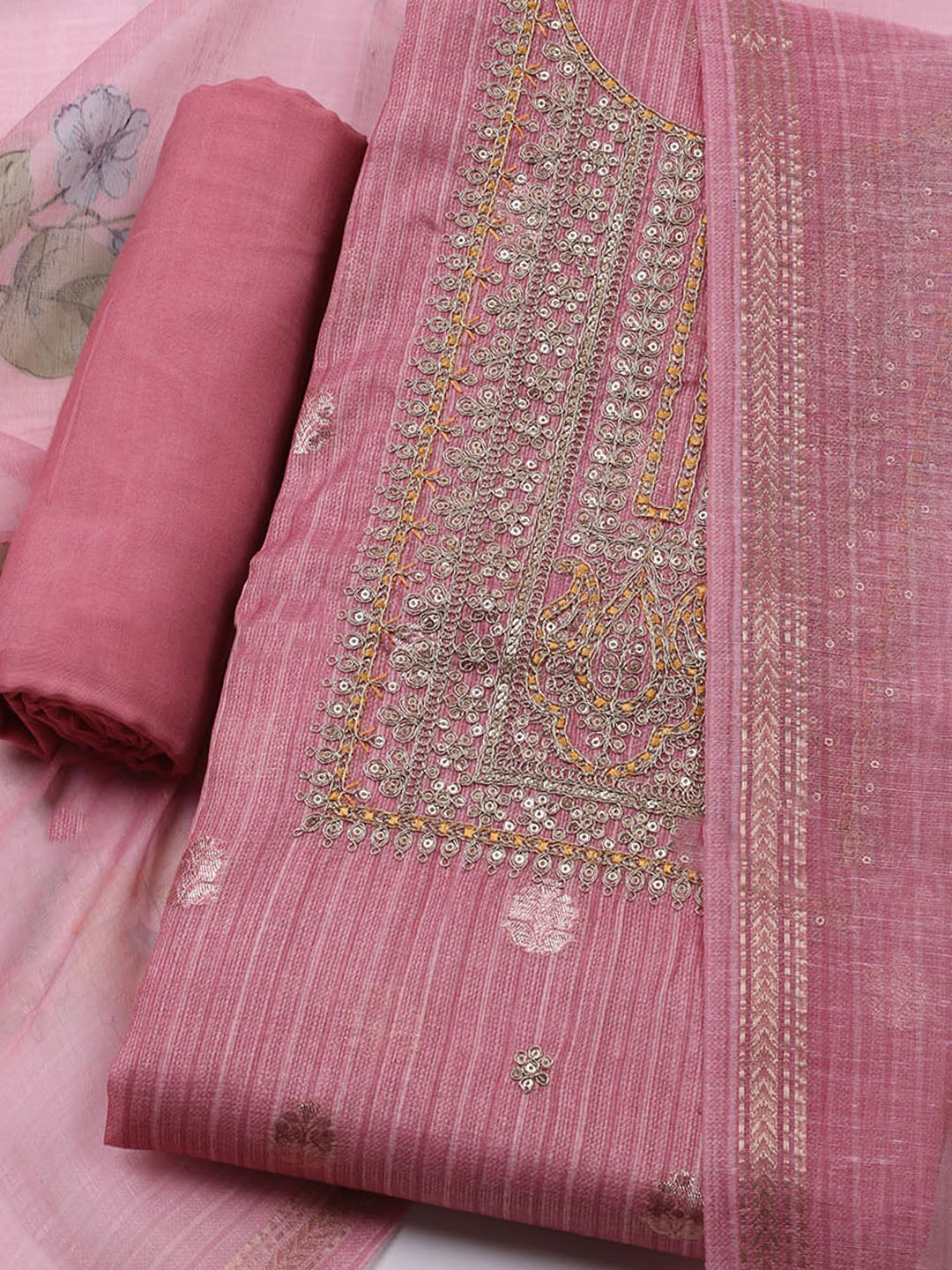 Embroidered Chanderi Unstitched Kurta With Pant & Dupatta
