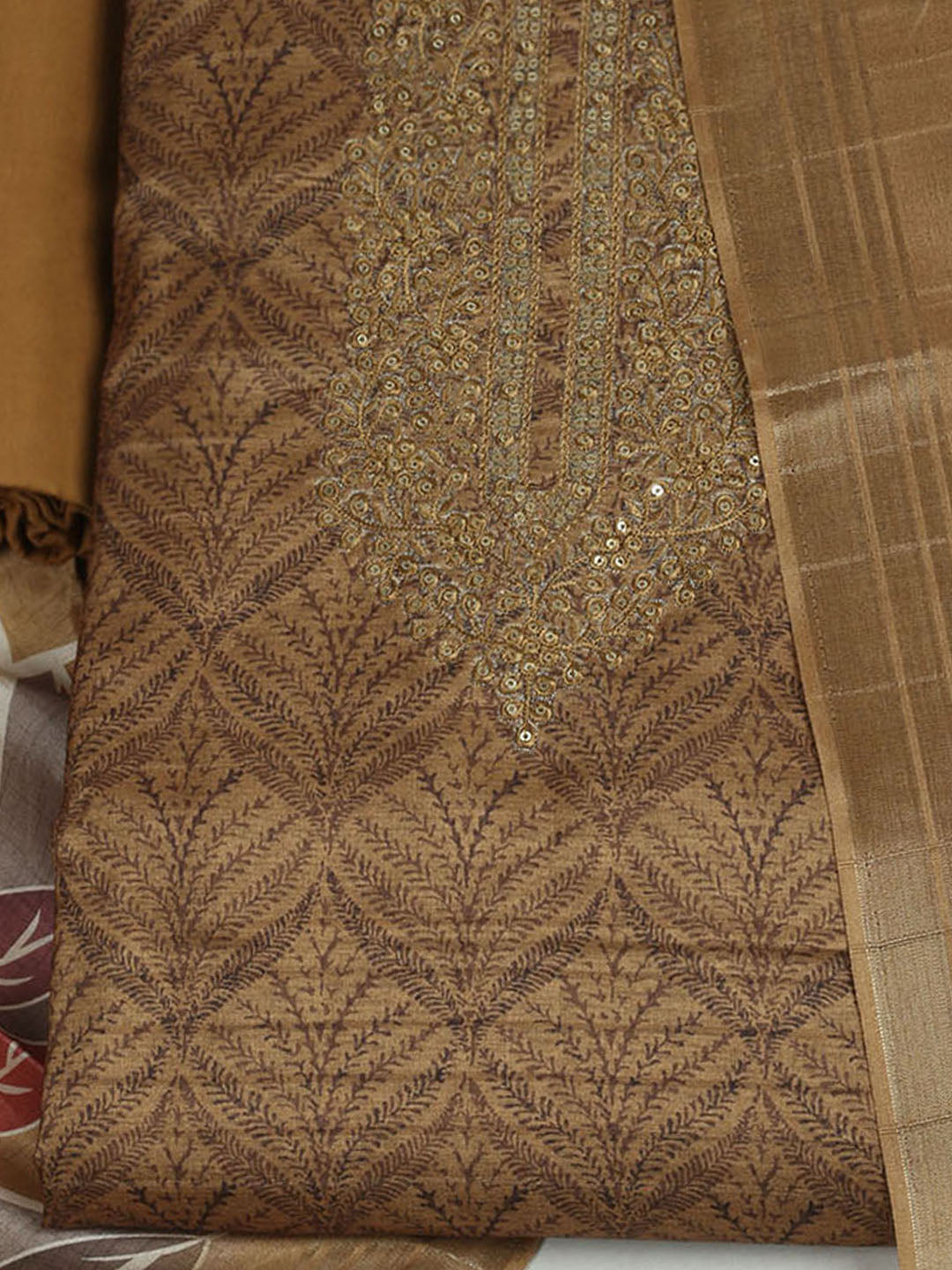 Embroidered Cotton Unstitched Suit With Pant &amp; Dupatta