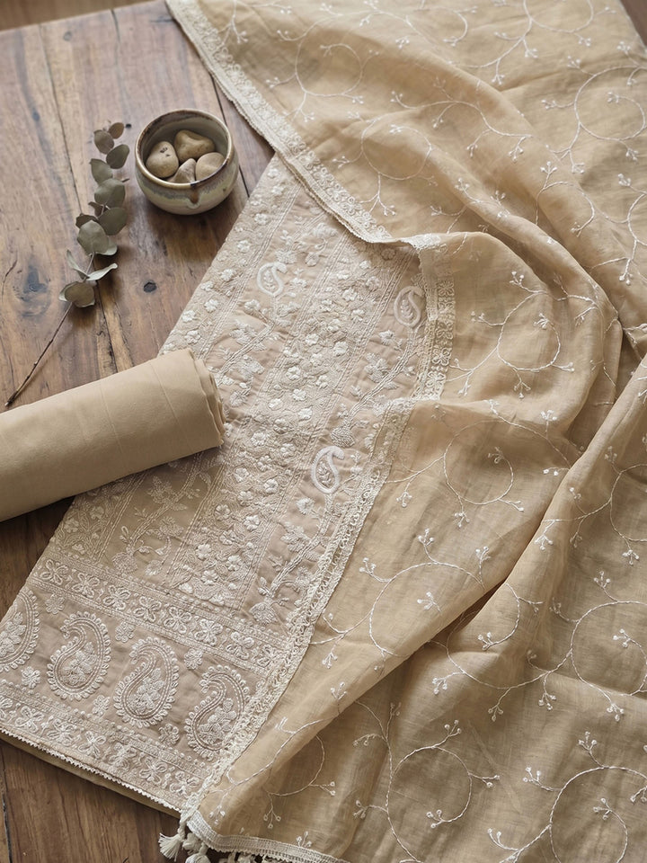 Thread Embroidered Cotton Blend Unstitched Suit With Dupatta