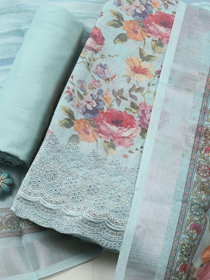Embroidered Linen Blend Unstitched Suit With Pant &amp; Dupatta