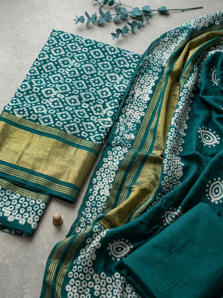 Printed Cotton Blend Unstitched Suit With Pant &amp; Dupatta