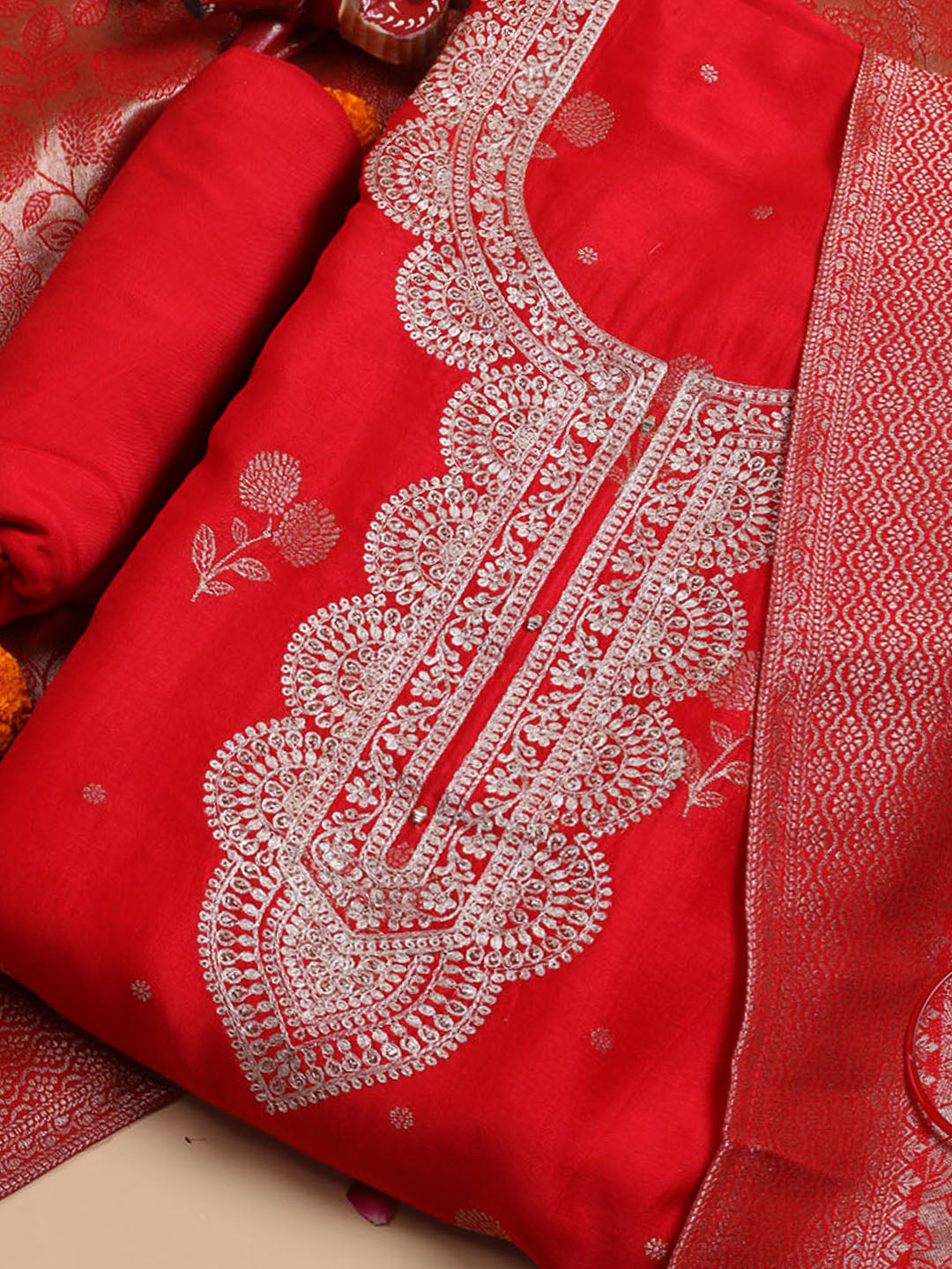 Kanjeevaram Chanderi Unstitched Suit With Dupatta