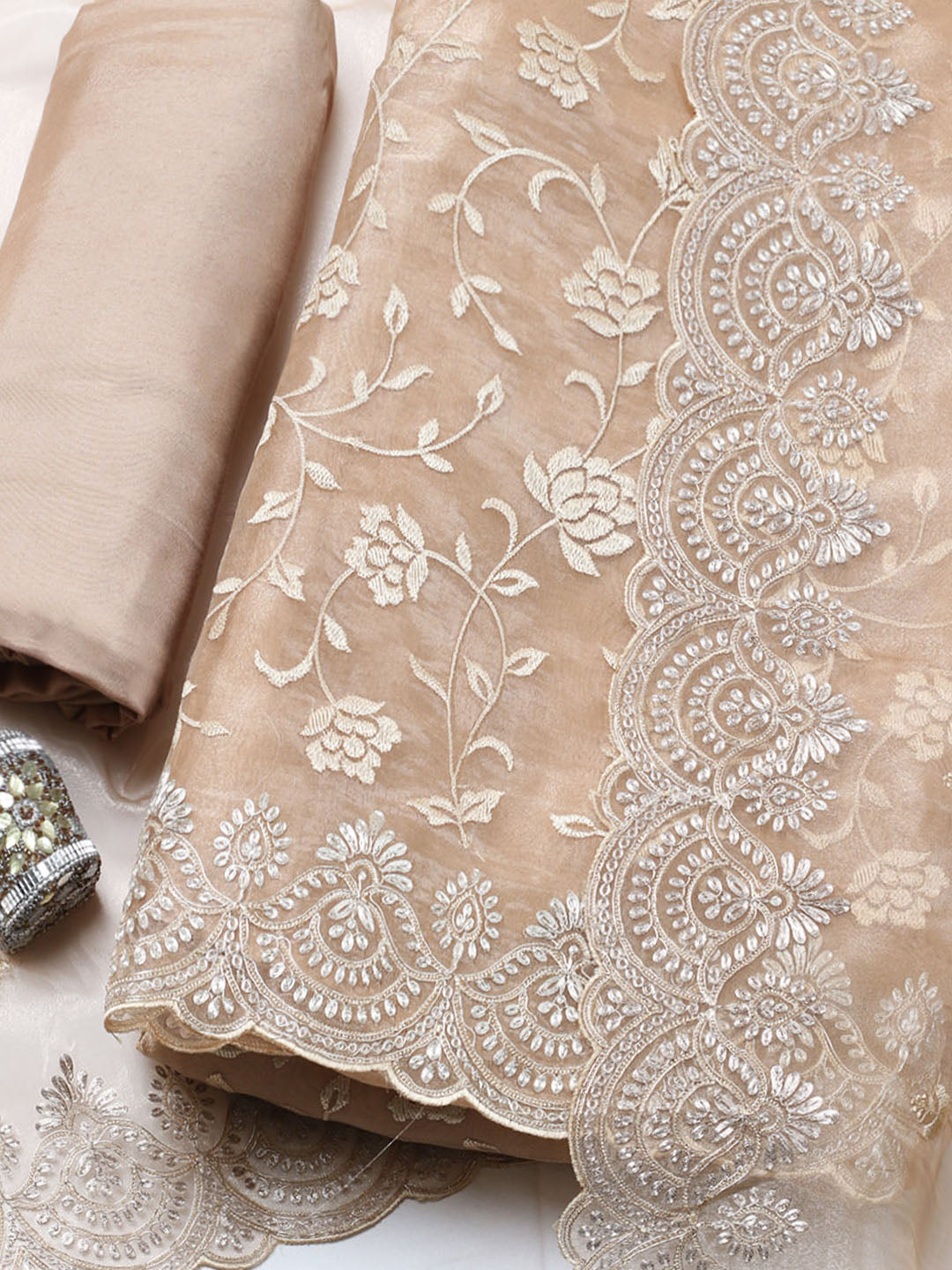 Embroidered Tissue Unstitched Suit With Pant &amp; Dupatta