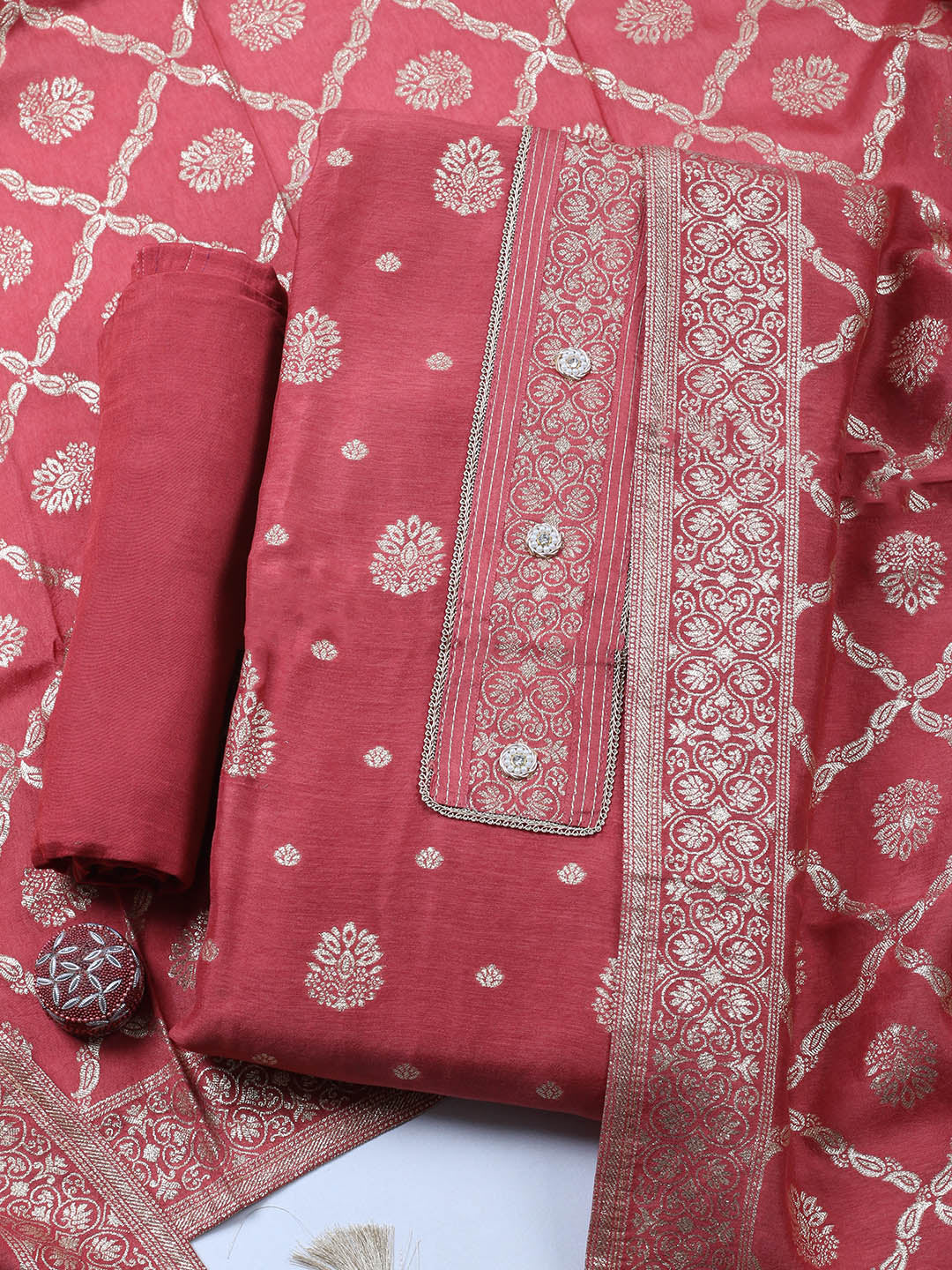 Embroidered Chanderi Unstitched Suit With Pant &amp; Dupatta