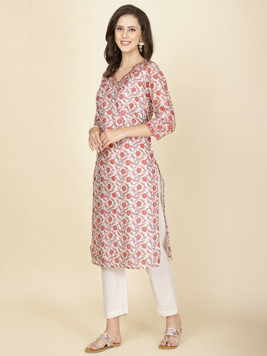 Floral Printed Chanderi Kurta With Pants