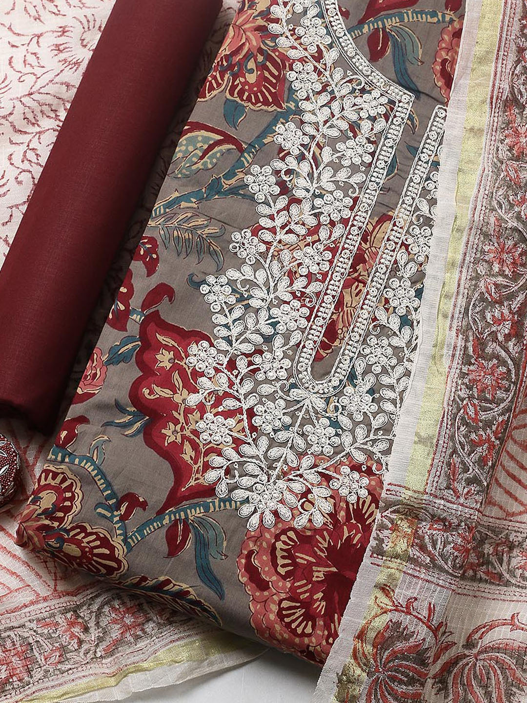 Printed Cotton Blend Unstitched Suit With Pant &amp; Dupatta