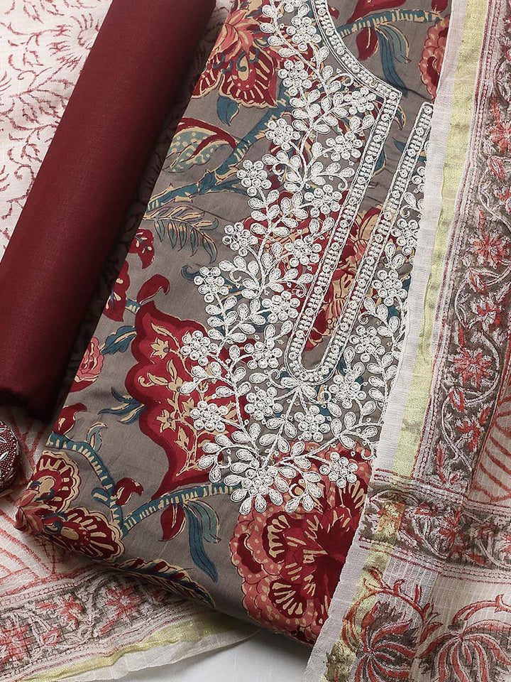 Printed Cotton Blend Unstitched Suit With Pant &amp; Dupatta