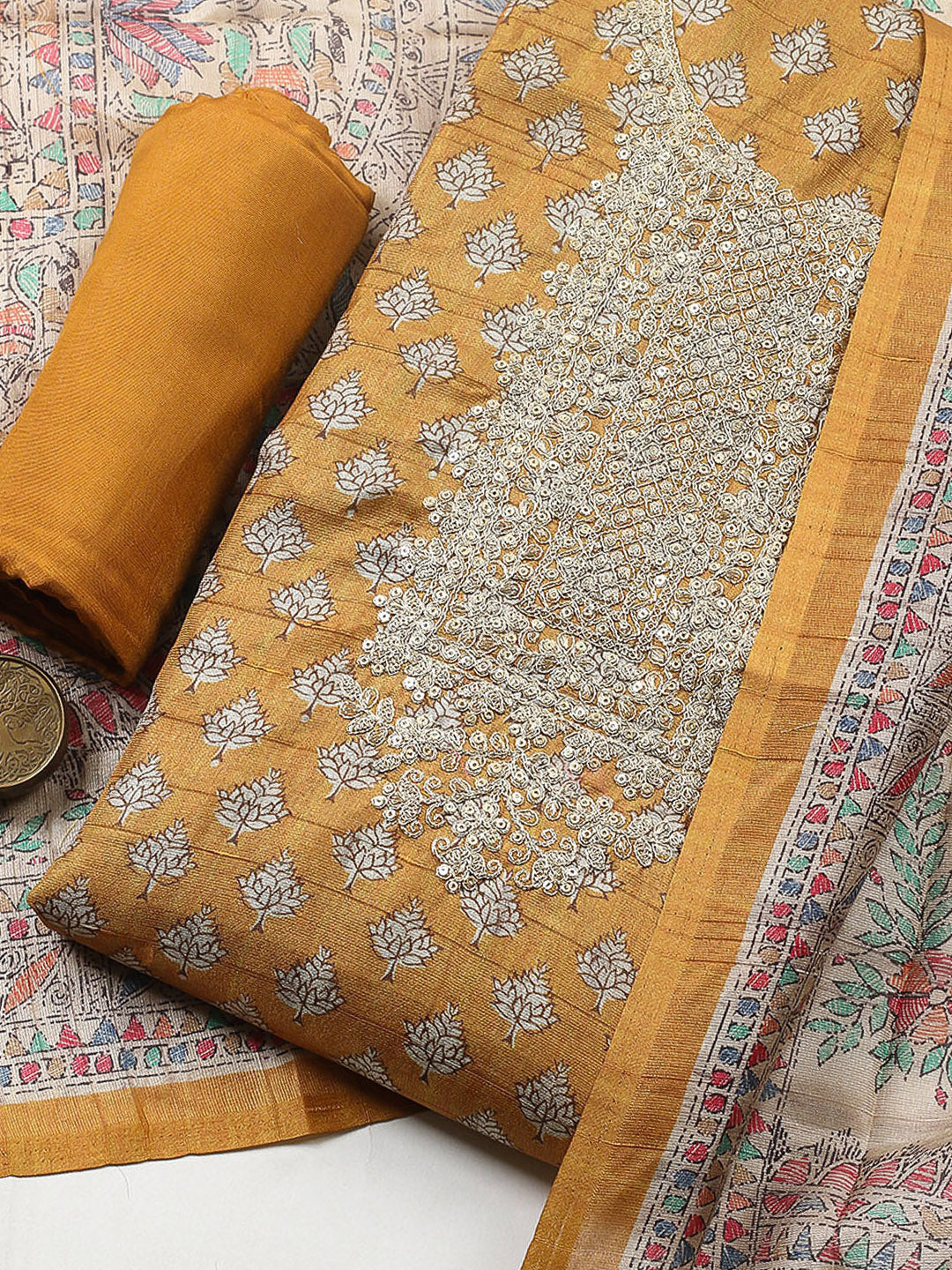 Embroidered Cotton Blend Unstitched Suit With Pant &amp; Dupatta
