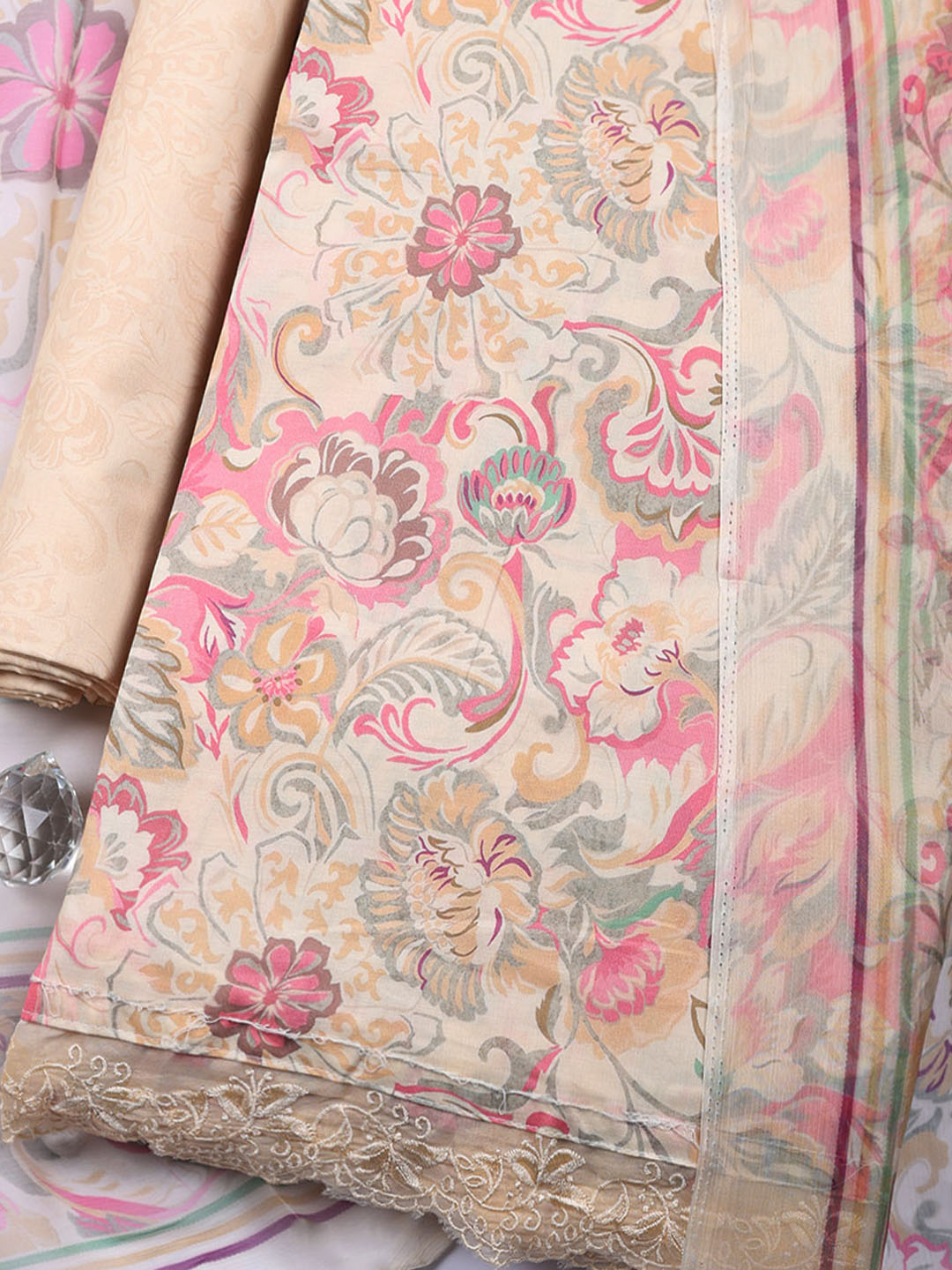 Embroidered Cotton Blend Unstitched Suit With Pant &amp; Dupatta