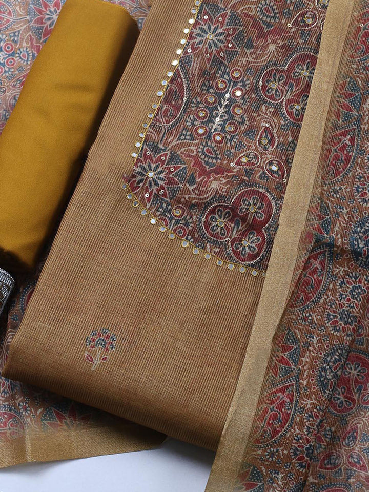 Embroidered Chanderi Unstitched Suit With Pant &amp; Dupatta