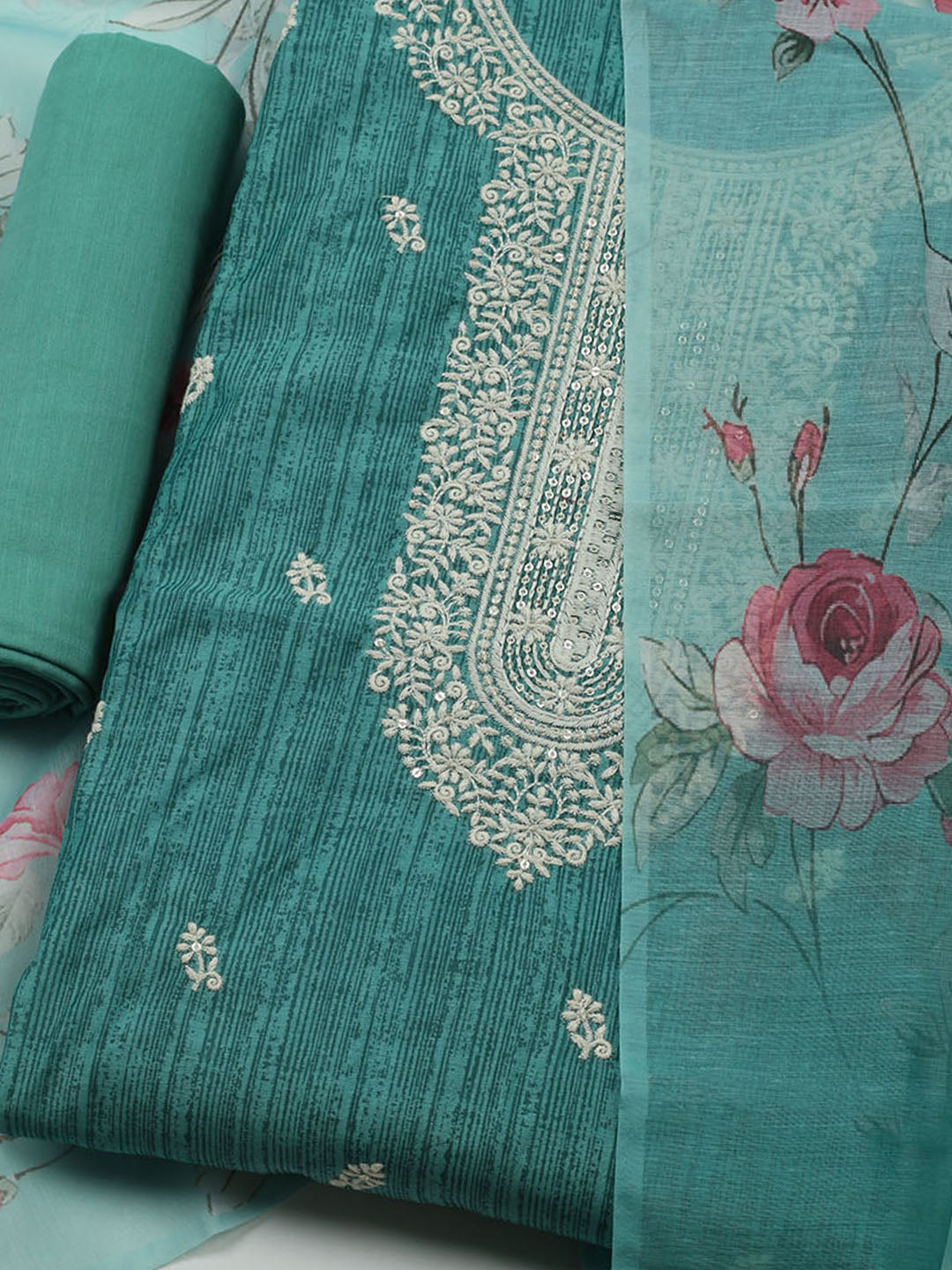 Embroidered Chanderi Unstitched Kurta With Pant & Dupatta