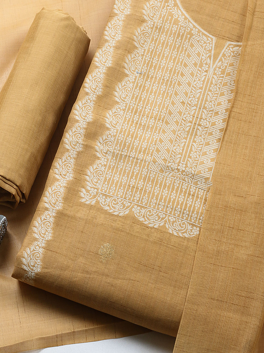 Printed Chanderi Unstitched Suit With Pant &amp; Dupatta