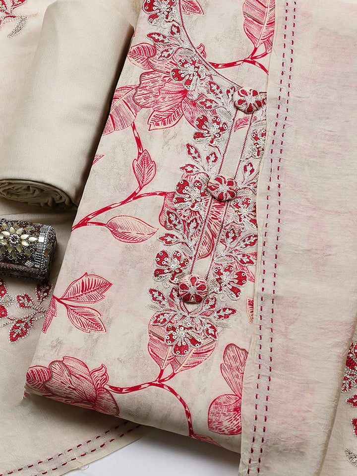 Embroidered Cotton Blend Unstitched Suit With Pant &amp; Dupatta