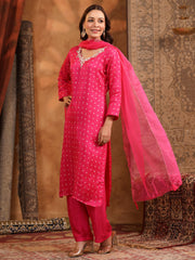 Neck Embroidered Art Silk Kurta With Pants & Dupatta