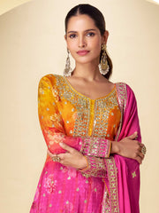 Embroidered Chinon Silk Kurti With Sharara & Dupatta