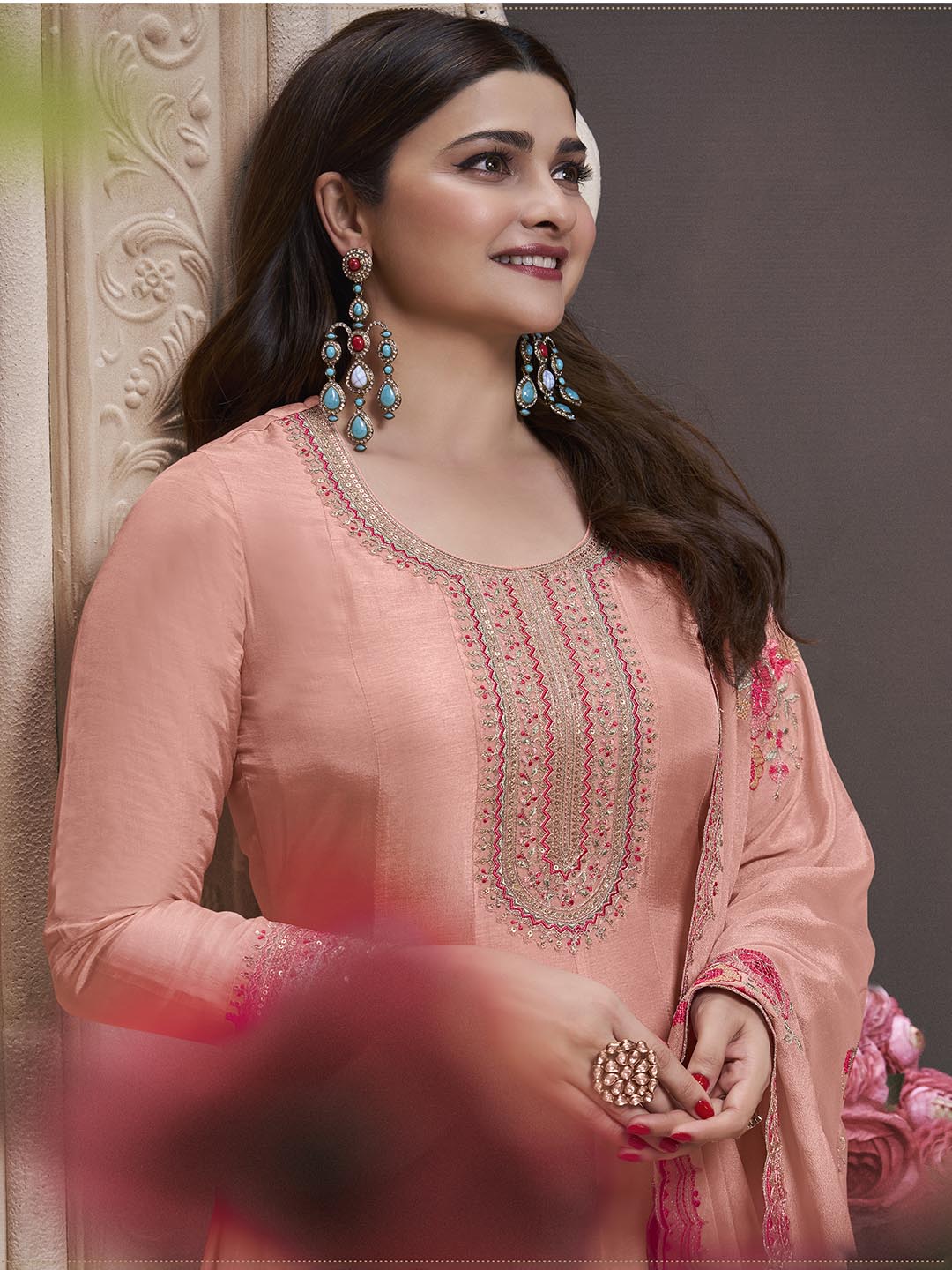 Embroidered Art Silk Unstitched Suit With Pant &amp; Dupatta