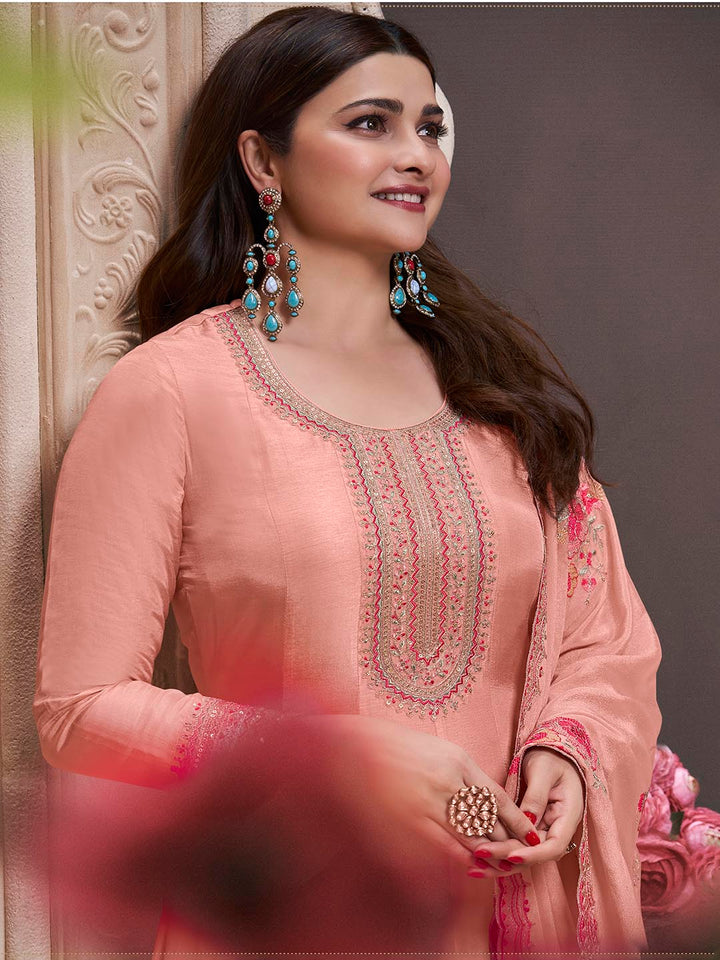 Embroidered Art Silk Unstitched Suit With Pant &amp; Dupatta