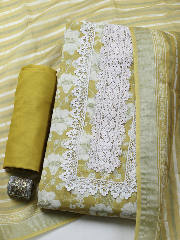 Embroidered Linen Blend Unstitched Suit With Pant &amp; Dupatta