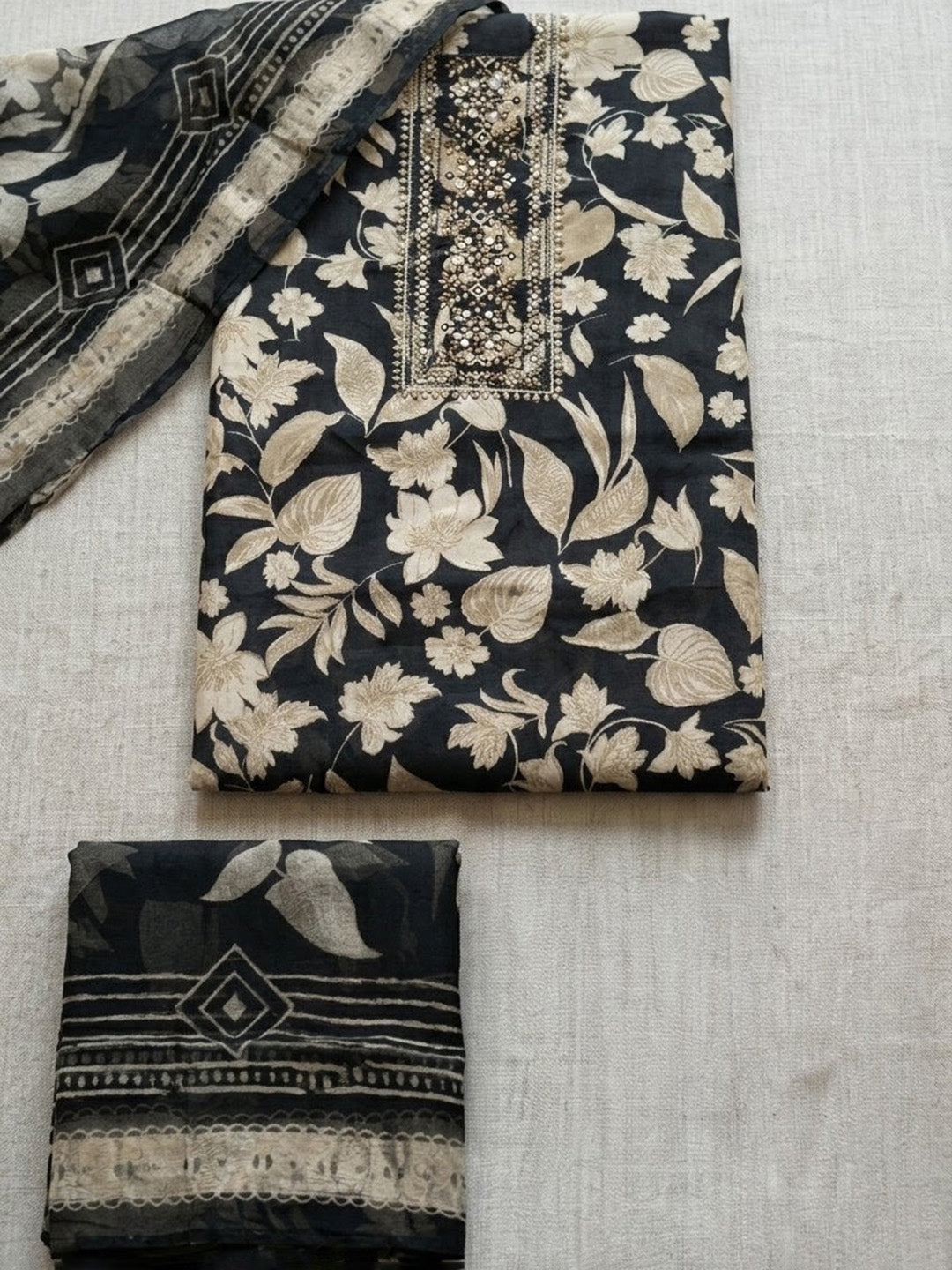 Printed Cotton Blend Unstitched Suit With Pant &amp; Dupatta