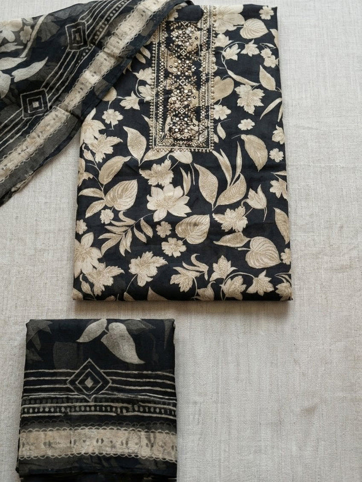 Printed Cotton Blend Unstitched Suit With Pant &amp; Dupatta