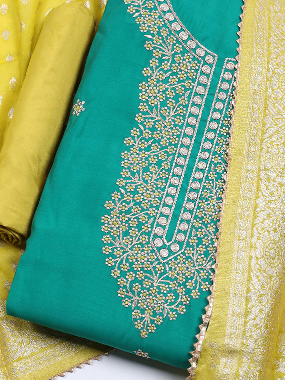 Neck Embroidered Chanderi Unstitched Suit With Dupatta