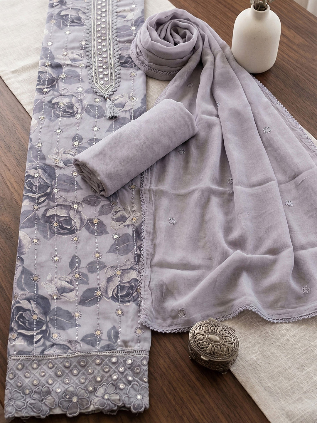 Printed Cotton Blend Unstitched Suit With Dupatta