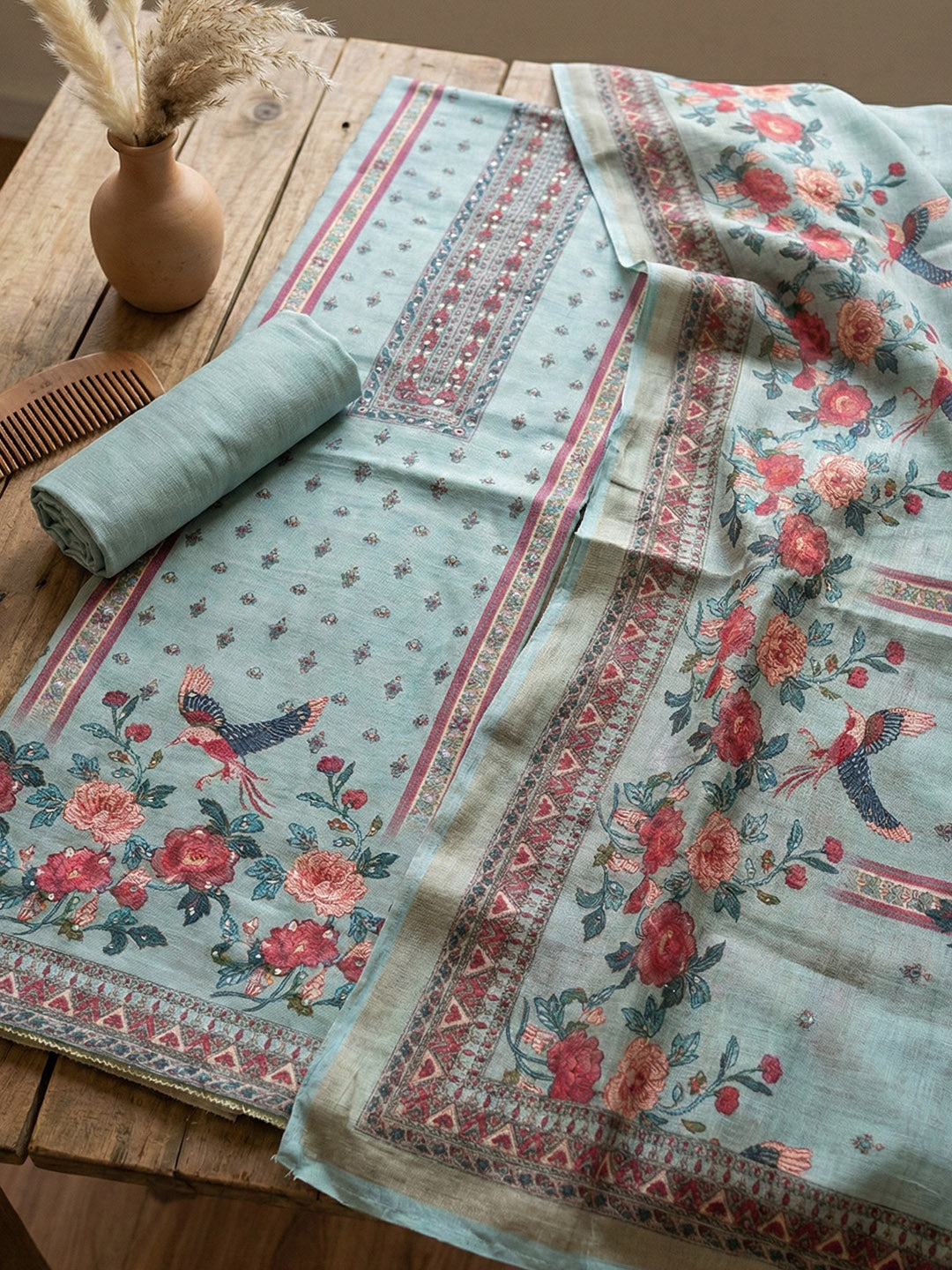 Embroidered Cotton Blend Unstitched Suit With Pant &amp; Dupatta