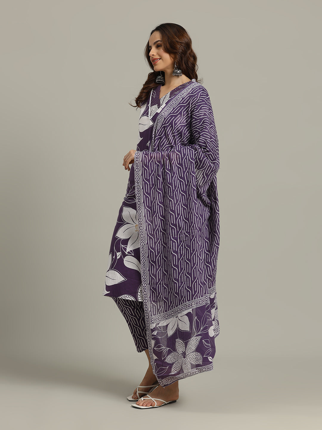 Floral Printed Cotton Blend Kurta With Pants &amp; Dupatta