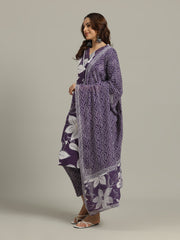 Floral Printed Cotton Blend Kurta With Pants & Dupatta