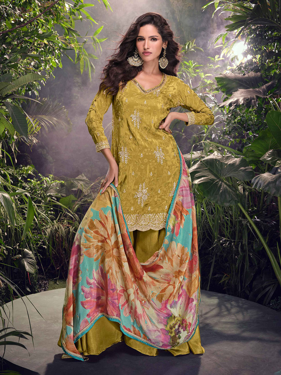 Embroidered Chinon Suit With Plazzo &amp; Dupatta