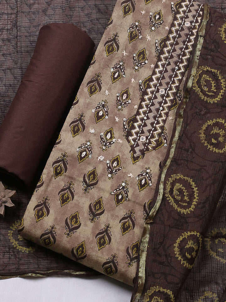 Printed Cotton Blend Unstitched Suit With Pant &amp; Dupatta