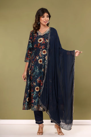 Navy Blue Floral Printed Ethnic Wear Suit
