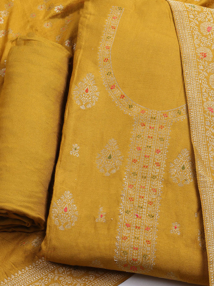 Pashmina Woven Design Unstitched Kurta With Pant &amp; Dupatta
