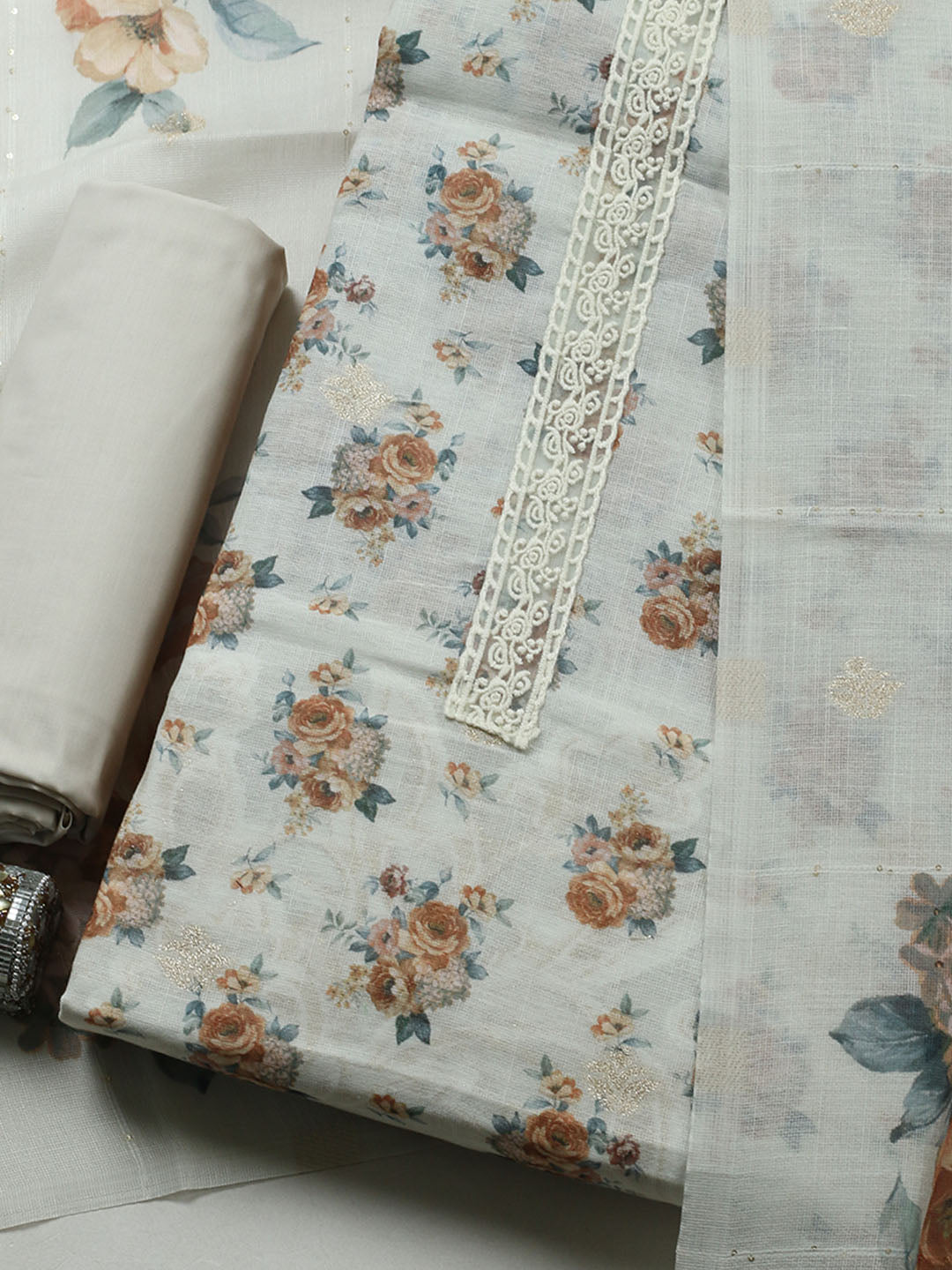 Embroidered Linen Blend Unstitched Suit With Pant &amp; Dupatta