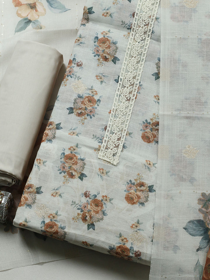 Embroidered Linen Blend Unstitched Suit With Pant &amp; Dupatta