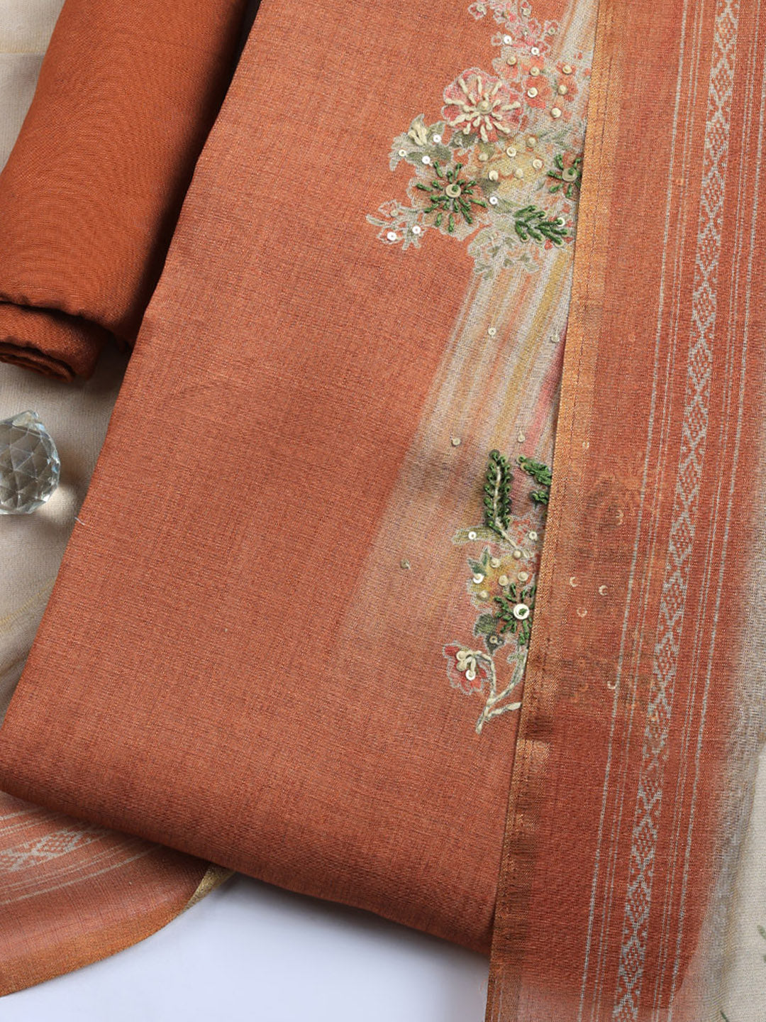Printed Linen Blend Unstitched Suit With Pant &amp; Dupatta
