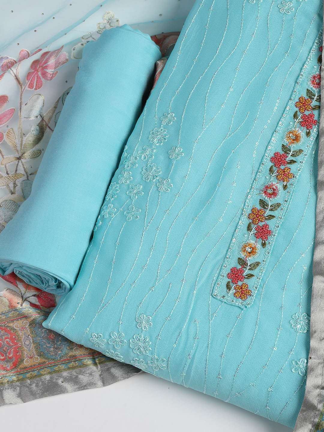 Embroidered Chinon Unstitched Suit With Dupatta