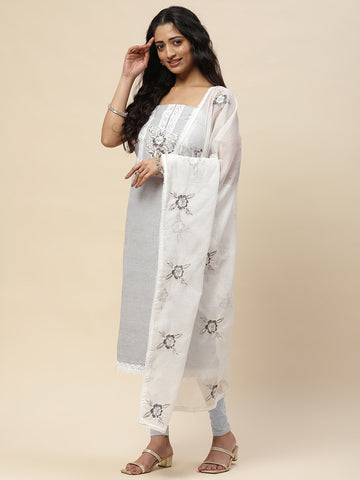 Neck Embroidery Kota Cotton Blend Unstitched Suit With Dupatta