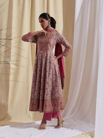 Floral Block Printed Anarkali Kurta With Pants & Dupatta